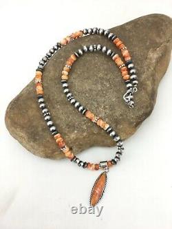 Native American Sterling Silver Navajo Orange Spiny Oyster Necklace Pendant 1289