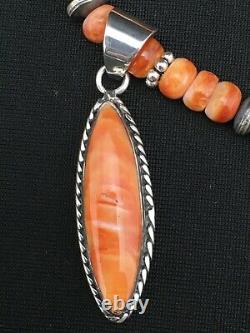 Native American Sterling Silver Navajo Orange Spiny Oyster Necklace Pendant 1289
