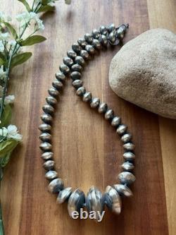 Native American Sterling Silver Navajo Pearls Stamped Handmade Bead Necklace T