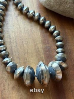 Native American Sterling Silver Navajo Pearls Stamped Handmade Bead Necklace T