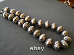 Native American Sterling Silver Navajo Pearls, Stamps, 1' Beads, Necklace 205g