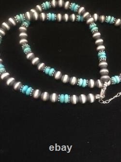 Native American Sterling Silver Navajo Pearls Turquoise Necklace 22 Inch