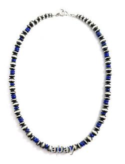 Native American Sterling Silver Navajo Poral Beads With Lapis Necklace