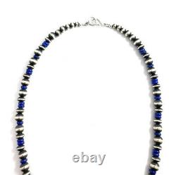 Native American Sterling Silver Navajo Poral Beads With Lapis Necklace