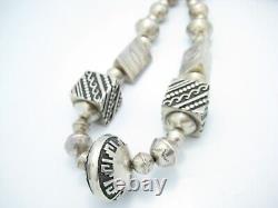 Native American Sterling Silver Stamped Beaded Chain Link Necklace 29.5