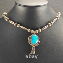 Native American Sterling Silver Turquoise Blossom Pendant Beaded Necklace 16.5