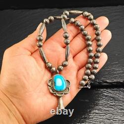 Native American Sterling Silver Turquoise Blossom Pendant Beaded Necklace 16.5