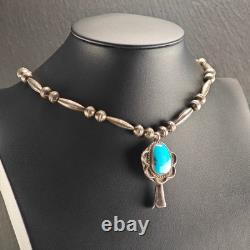 Native American Sterling Silver Turquoise Blossom Pendant Beaded Necklace 16.5