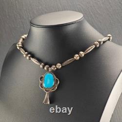 Native American Sterling Silver Turquoise Blossom Pendant Beaded Necklace 16.5