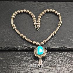 Native American Sterling Silver Turquoise Blossom Pendant Beaded Necklace 16.5