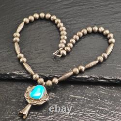 Native American Sterling Silver Turquoise Blossom Pendant Beaded Necklace 16.5