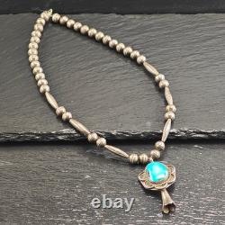 Native American Sterling Silver Turquoise Blossom Pendant Beaded Necklace 16.5