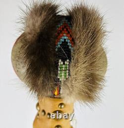 Native American Stone War club Beaded Hide Leather Fur Long Heavy EUC
