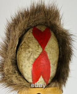 Native American Stone War club Beaded Hide Leather Fur Long Heavy EUC