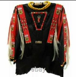 Native American Style Beaded Black Powwow War Shirt with Fringe Red Panels