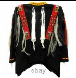 Native American Style Beaded Black Powwow War Shirt with Fringe Red Panels
