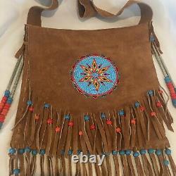 Native American Style Beaded Fringe Leather Boho Handbag Bag Handmade