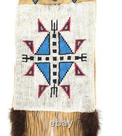 Native American Style Beaded Pipe Bag Handmade Leather Fringed Tobacco Bag Pouch