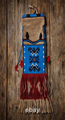 Native American Style Beaded Pipe Bag Suede Leather Tobacco Pouch Fringe Lakota