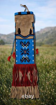 Native American Style Beaded Pipe Bag Suede Leather Tobacco Pouch Fringe Lakota