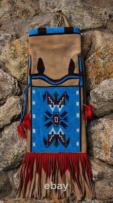 Native American Style Beaded Pipe Bag Suede Leather Tobacco Pouch Fringe Lakota