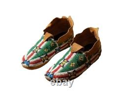 Native American Style Beaded Powwow Moccasins Green Multicolor Geometric MC622