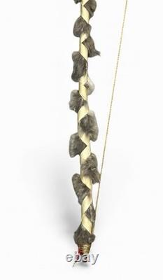 Native American Style Curved Wood Fur Bow Beaded Hide Wrap Handle Decorative