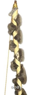 Native American Style Curved Wood Fur Bow Beaded Hide Wrap Handle Decorative