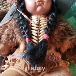 Native American Style Doll with Braided Hair and Beaded Accessories