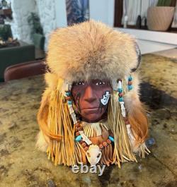 Native American Style Fur Headdress Face bust with Horns and Beaded Fringe