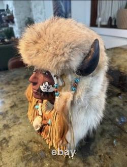 Native American Style Fur Headdress Face bust with Horns and Beaded Fringe