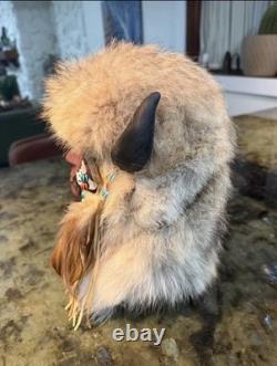 Native American Style Fur Headdress Face bust with Horns and Beaded Fringe