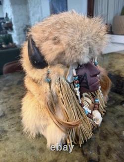 Native American Style Fur Headdress Face bust with Horns and Beaded Fringe