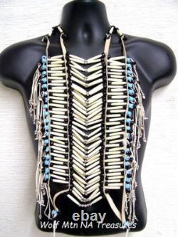 Native American Style Handmade Regalia WHITE Hairpipe Blue Beaded BREASTPLATE
