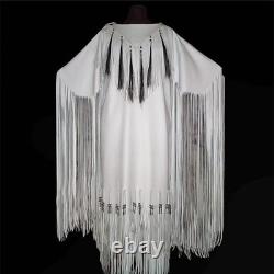 Native American Style White Buckskin Dress Long Fringe Beaded Tassels handmade