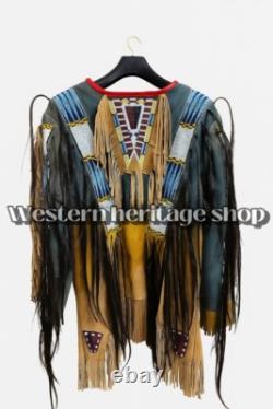 Native American Suede Leather War Shirt & Pants Beaded Powwow Set