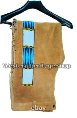 Native American Suede Leather War Shirt & Pants Beaded Powwow Set