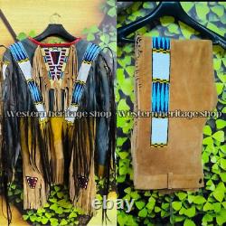 Native American Suede Leather War Shirt & Pants Beaded Powwow Set
