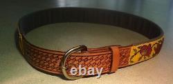 Native American Tan Leather Beaded Belt 30 33 Yellow & Red Roses Vine Design