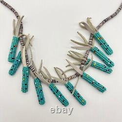 Native American Turquoise Beaded Corn Fetish Tab Heishi Necklace