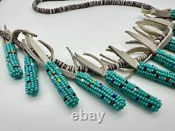 Native American Turquoise Beaded Corn Fetish Tab Heishi Necklace