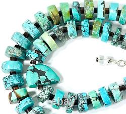 Native American Turquoise Slice & Heishi Bead Necklace Sterling Silver Southwest