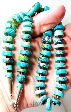 Native American Turquoise Slice & Heishi Bead Necklace Sterling Silver Southwest