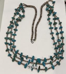 Native American Vintage 3 Strand Natural Turquoise & Heishi Bead Necklace