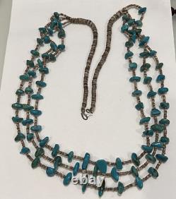 Native American Vintage 3 Strand Natural Turquoise & Heishi Bead Necklace