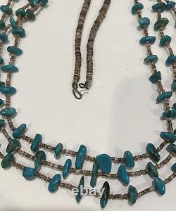 Native American Vintage 3 Strand Natural Turquoise & Heishi Bead Necklace