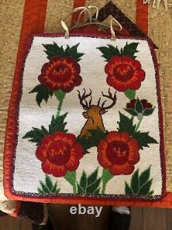 Native American Vintage Plateau Beaded Flat Large Bag 19 x 16 Floral & Pictorial