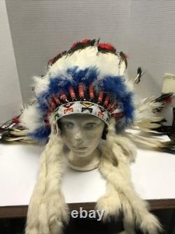 Native American War Indian Warrior Feathered Beaded Ceremonial Headdress