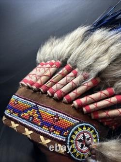 Native American War Indian Warrior Feathered Beaded Ceremonial Headdress