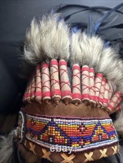 Native American War Indian Warrior Feathered Beaded Ceremonial Headdress